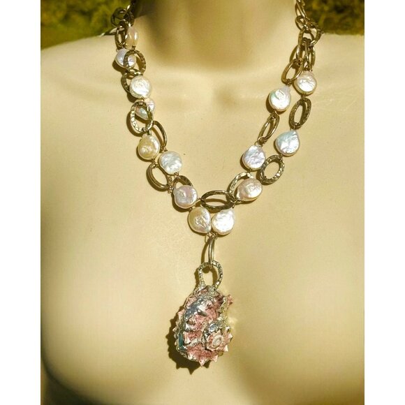 Handcrafted Conch Shell & White Keshi Teardrop Pearl Necklace W Silver Metalwork - Picture 1 of 17